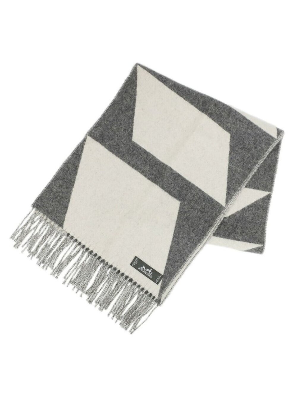 Hermes Scarf Casaque Optic Cashmere Gray White Fringe Shawl